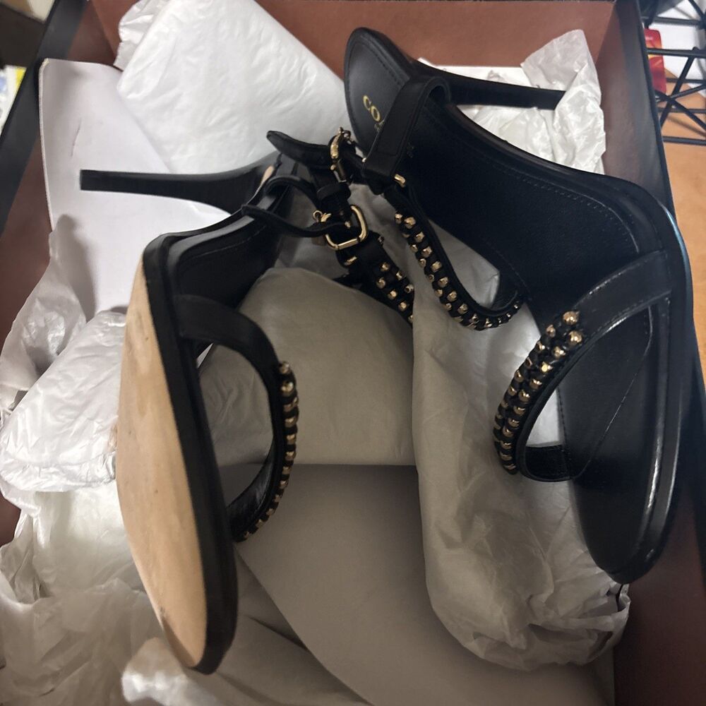 New  COACH Kalie 100% Soft Black Leather Shine Calf High Heels Sandals Size 8